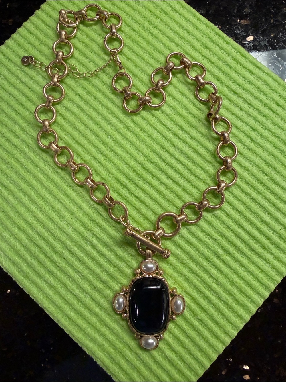 Gold-Tone Chain Necklace with Black Stone and Pearl Accents